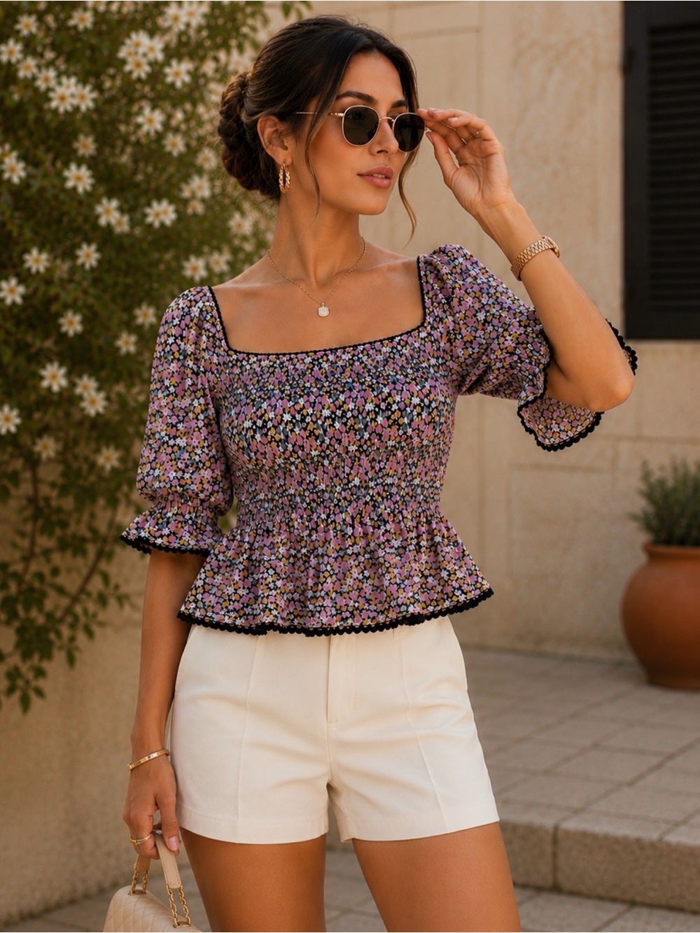 New Look Pink Floral Smocked Square-Neck Top - Picture 4 of 13